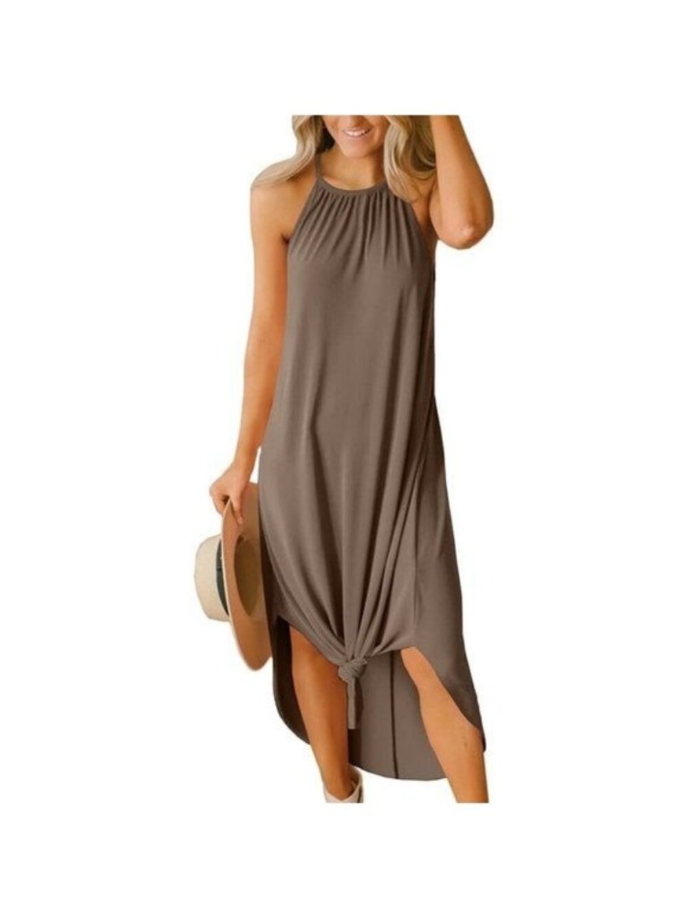 For G and PL Summer Side Slit Halter Maxi Dress NEW Khaki Brown SMALL